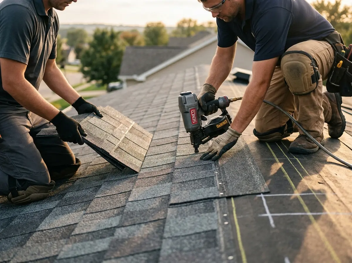 Professional roofer working on a residential roof in Earl